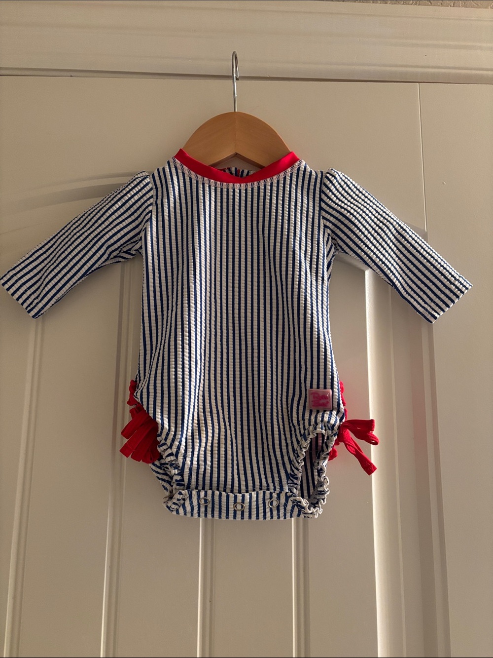 Ruffle Butts Navy & White Striped Baby Bottoms with Red Trim